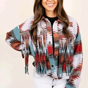 NWT Red Western Bohemian Aztec Fringe Jacket